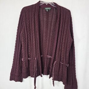 Lauren Ralph Lauren Burgundy Cable Knit Cardigan XL Velvet Tie Belt